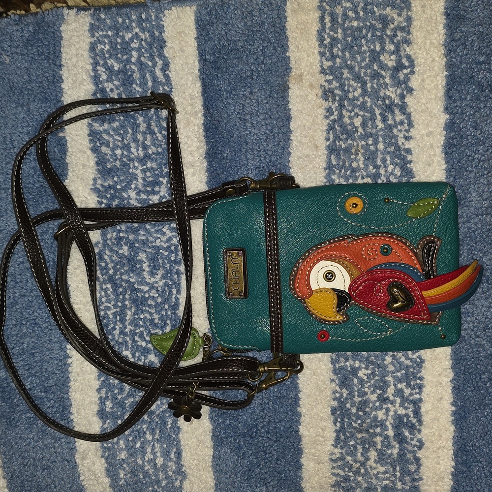 Chala Teal Crossbody Bag with Parrot Red Design